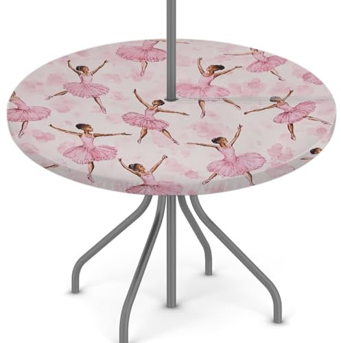 Woltant Nappe ronde avec trou de parasol et fermeture éclair facile à nettoyer avec bords élastiques - Protection de table d'extérieur pour jardin, terrasse, barbecue (rose fille dansante ballet)