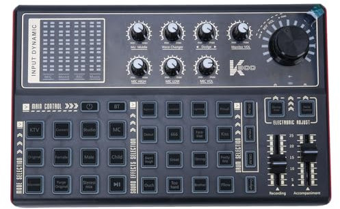 Mixeur Audio, Carte Son Externe pour Téléphone et Ordinateur, 7 Couleurs LED Vibrantes, 12 Modes, 20 Effets Sonores et 4 Modes Vocaux, Table de Mixage pour Streaming, Live et