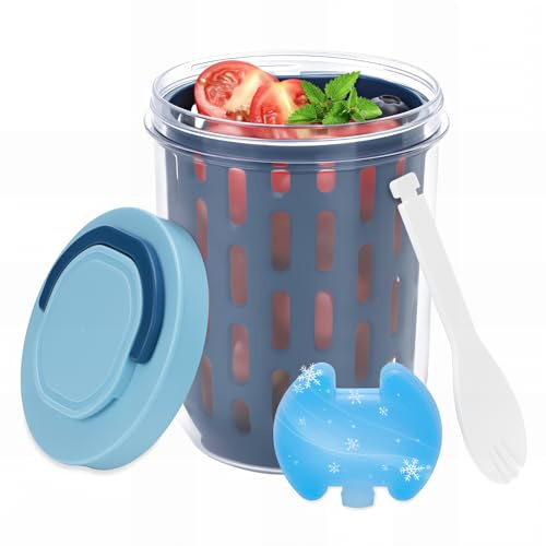 Bugucat Snackbox mit Kühlakku Kinder 620ml,Bento Box Salat To Go Box mit Deckel, Snack Box mit Gabel & Sieb für Obst Gemüse, Multifunktional Salatbox Obstboxfür Schule Büro Picknick,Blau