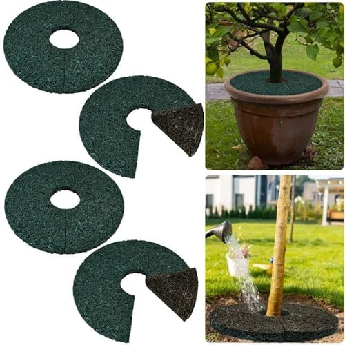4 anillos de goma de doble cara para mantillo de árbol, 12 pulgadas, de goma reciclada resistente, aspecto natural, protector de raíces de árbol, anillo redondo reversible para evitar excavaciones de