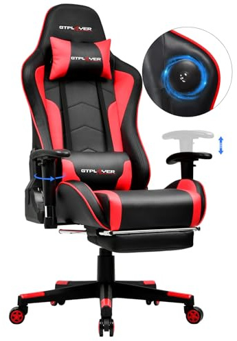 GTPLAYER Gaming Stuhl mit Fußstützen Lautsprecher Bluetooth, Gamer Stuhl Ergonomischer Computerstuhl Bürostuhl Schreibtischstuhl PC Stuhl mit 3D-Armlehnen, 200KG, Rot