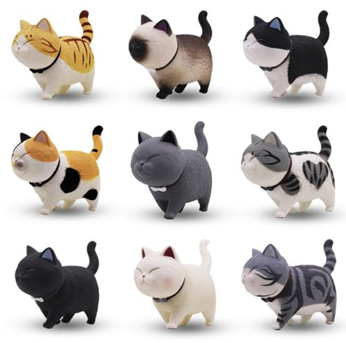 9PCS Cat Cake Topper, Mini Cat Figurines, Realistic Cute PVC Cake Decorations with Fake Bell for Home Office Car
