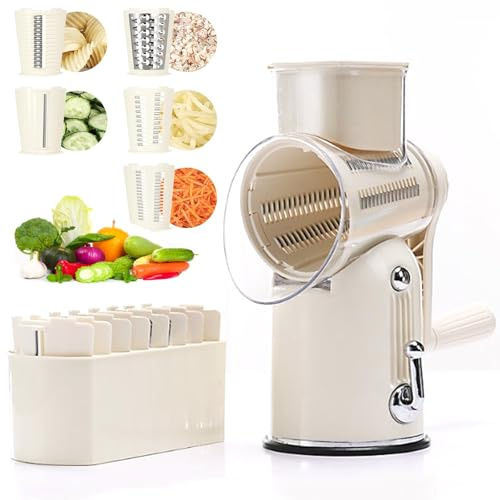 TYH Rallador de Queso rotatorio con 10 Cuchillas, Cortador rotatorio de Verduras, con Caja de Almacenamiento y Base de succión Fuerte, para Verduras, Frutas y Queso