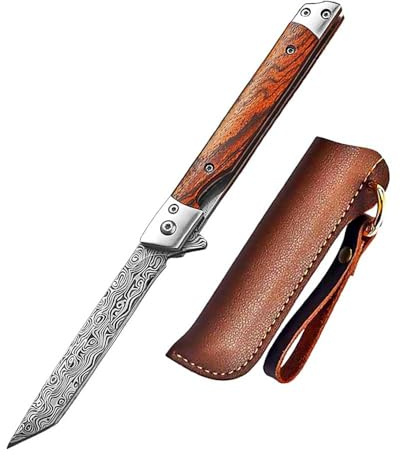 Joa Taschenmesser leicht mit Holzgriff, Klappmesser slim scharfes, Muster stahl messer, klein einhandmesser, EDC Messer Outdoor, Schlüsselanhänger Messer wandern, Neck knife tanto mit Scheide