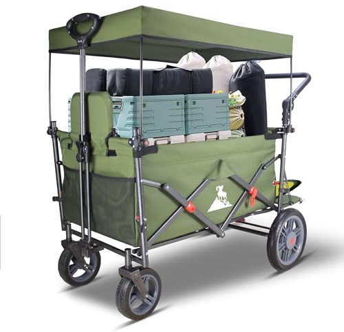 TOPWELL Folding Wagon with 2 Foldable Seats, 265LB Capacity Portable Camping Cart - Collapsible Trolley with Quick-Release Wheels, Adjustable Handle, Foldable Pull-Along Wagon for Outdoor (Green)