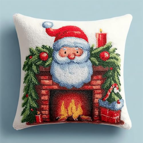 ANSIWEIGO Le Coussin au Point Noué 43x43cm avec Tapis à Broder - Kit Créatif Complet Crochet & Broderie (Housse, Loquet, Cadeau Fait Main) - Placard de Noël