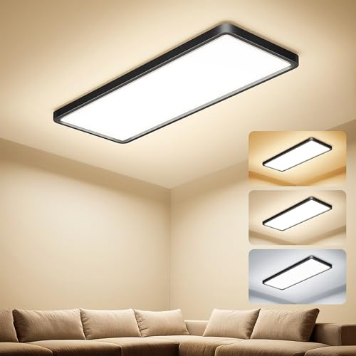 Uwithm Plafonnier LED Plat, 58x22x2,9 cm Panneau LED 32W 3000LM 3000K/4000K/6500K IP44 Lampe de Cuisine Plafonnie, Lampes Plafonnier Long pour Salon Chambre Cuisine Salle de Bain Couloir, Noir