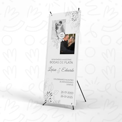 Photocall Personalizado Bodas de Plata con Fotos y Textos de 70x180cm - Contiene Xbanner y Pancarta - Cartel de Bienvenida ideal Para 25 Aniversario de Boda - Ideal para Decoración (Modelo 1)