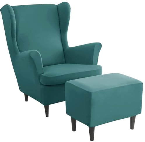 Generisch Ohrensessel überzug mit Hocker Bezug- 2 Teilig Sessel-Überwürfe+1 Teilig Ottomane Schonbezug, Beige/Grün/Rosa/Blau Schonbezüge Sesselhusse Stretch Stuhlbezug mit Armlehne,I