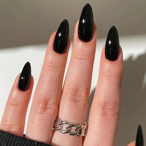 Black Press On Nails Almond Medium Acrylic False Nails - 24PCS Stiletto Nails Fake Nail Set with Glue - Elegant Solid Color Full Cover Gel Stick on Nails for Women - Reusable Natural for Daily Wear