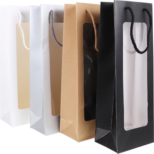 Weinverpackungsbeutel mit Griff, 4 Stück Geschenkbeutel | Papier, Transparent mit Fenster, für Persönliche Nutzung und Geschenke, Tragfähigkeit