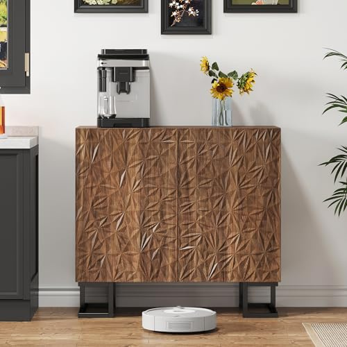 Skänk mörk valnöt med bladprägling skåp utan handtag dörrar push to-open sideboard för vardagsrum matsal kök hall buffé metallben skåp brun 80 x 40 x 78 cm