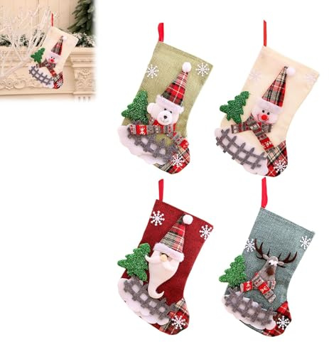 Generisch 4Pcs Weihnachtsstrümpfe,Nikolausstiefel zum Befüllen,Cartoon-Weihnachtsmann, Elch, Schneemann, Weihnachtsbaum, Weihnachtsstrümpfe zum Aufhängen,Weihnachtsbaum Deko