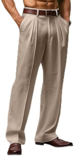 Pantalon de costume décontracté taille haute pour homme, coupe ample, jambes droites avec design plissé drapé, fabriqué à partir de 80 % chanvre et 20 % élasthanne (L kaki)