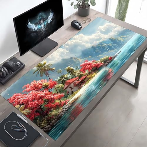 Gaming Mauspad 160 x 80cm Gaming Mousepad XXL Blume Rosa Mauspad Schreibtischauflage, Genähte Kanten Mausmat, rutschfeste Gummibasis, Schreibtisch Schutz für Home Büro, Geschenke PjY10170 I-6