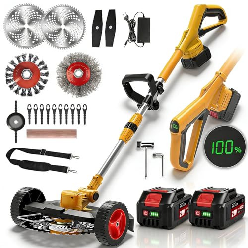 Rasentrimmer mit Akku und Unkrautbürste, Akku Rasentrimmer für Makita-Akkus mit 4 Klingentypen und 2 x 4.0Ah Bürstenlose Freischneider Akku für Garden Trimmen (Gelb)