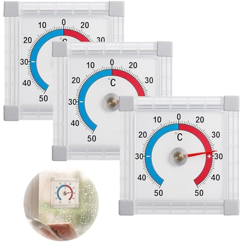 3 Stück Fensterthermometer Aussen, Außenthermometer für Fenster | Wetterfest, Präzise Messung（7.5 x 7.5 cm）