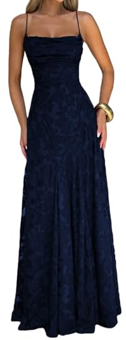 Abito da damigella d'onore in pizzo floreale jacquard elegante corsetto con spalline sottili schiena scoperta chiffon abito da ballo formale per donna, blu, S