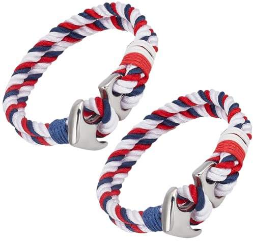 CREATCABIN 1 boîte de 2 Bracelets Drapeau Américain Bracelet Ancre Nautique Bracelet Indépendance Rouge Blanc et Bleu Acier Inoxydable Nylon Corde Tressée Faite Main Accessoire pour Homme 21cm