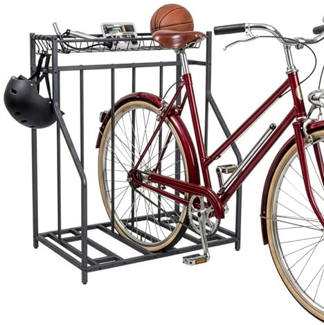 Relaxdays Portabici da Terra, 3 Biciclette, Larghezza Pneumatici Regolabile 3-11 cm, Cestino e 6 Ganci, Antracite