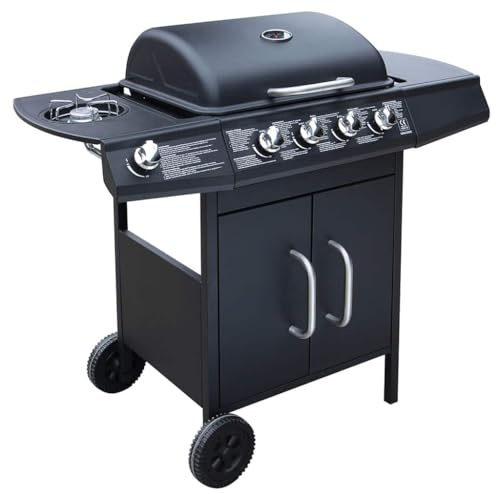 Barbacoa de gas con 4 quemadores y 1 quemador lateral negro con acero inoxidable, 104 x 55,4 x 97,7 cm, parrilla grande, carro con bandeja recogegrasa, incluye cubierta para barbacoa al aire libre y