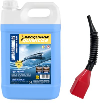 Pack Limpiaparabrisas Líquido 5 Litros + Embudo Dosificador Plegable | Protección hasta -9 °C | Limpieza Efectiva y Anticongelante para Parabrisas | Uso Profesional y Doméstico
