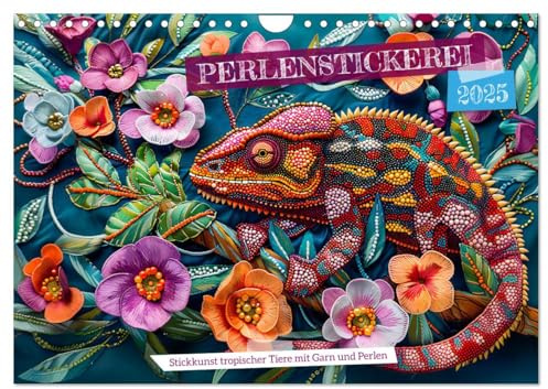 Perlstickerei - Bordado de animales tropicales con hilo y perlas (calendario de pared 2025 DIN A4 horizontal), calendario mensual CALVENDO