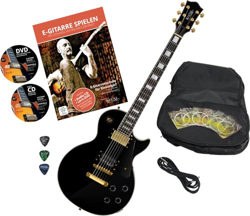 Rocktile Pro L-200BK Deluxe E-Gitarre Black mit Zubehör (Gitarren Gigbag Tasche, Kabel, Plektren, Gitarren Schule mit CD & DVD, Gitarrensaiten)