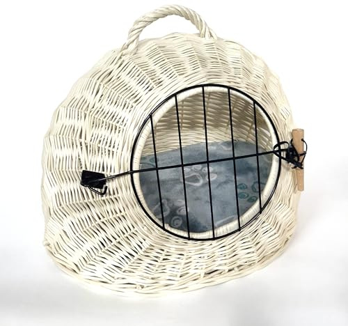 Tigana Korbhöhle Transportkorb Katzenhöhle aus Weide Weiß (45 cm + Kissen)