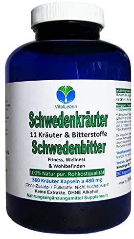 Schwedenkräuter - Schwedenbitter - BITTER KRÄUTER & Bitterstoffe OHNE Alkohol 360 Kapseln für Fitness, Wellness & Wohlbefinden NATUR PUR - ohne ZUSATZSTOFFE. 26645-360