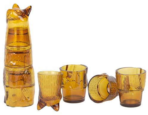 Doiy - Set von Glasbechern - Katzenform Design - aus Kristall - stapelbare Dekorationsbecher - spülmaschinenfest - gelb - 7x8x29cm - 4 Stück