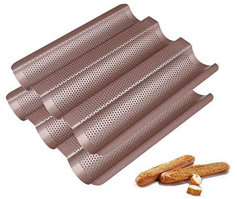TOPZEA 2 Pack Perforated Baguette Pan, Nonstick French Bread Baking Tray, 3 Wave Long Loaf Bake Mold Small Oven Toaster Pans for Toasting Hoagie Roll, Hot Dog Bun, 11.25 x 9.5