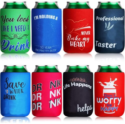 Patelai 8 Pcs Insulated Neoprene Beer Can Coolers with Funny Quotes | Insulated Collapsible Drink Sleeves for Soda Bottles, Bulk Party Favors BBQs, Keeps Beverages Cold, 4.9 X 3.7 Inch