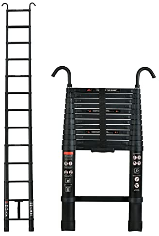 3.8M Schwarz Alu Teleskopleiter Mit Leiter-Dachhaken-Kit, Ausziehbare Leiter, Klappleiter Stehleiter Rutschfester, Mehrzweckleiter, Haushaltsleiter 150 kg Belastbarkeit Mit EN131 Zertifiziert