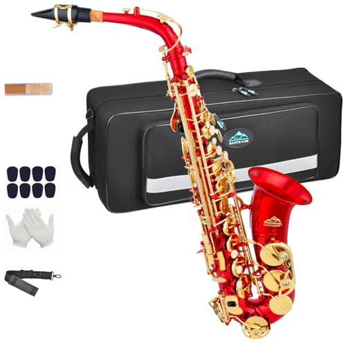 EASTROCK Kit completo de saxofón alto E plano para estudiantes principiantes con funda de transporte, boquilla, almohadillas para boquilla, guantes blancos, correa para el cuello