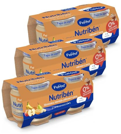 Nutribén Potitos pack Merienda, Introducción a la Manzana, Naranja, Plátano y Pera, Sin almidones , Desde los 4 meses, 3 bipacks (6 x 120gr)