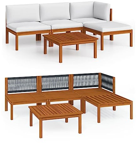 vidaXL 5-TLG. Garten-Lounge-Set mit Kissen Cremefarbenes Holz Akazie & Seil