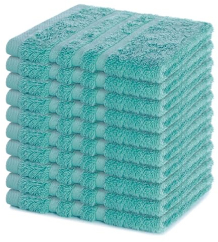 Lavea® 10er Seiftuch Set, 30 x 30 cm, 100% Baumwolle Frottier 500 g/m², Gästehandtücher und kleine Waschlappen, pflegeleicht 60 °C, Frottierserie Elena, ideal für Bad und Gäste WC, Türkis