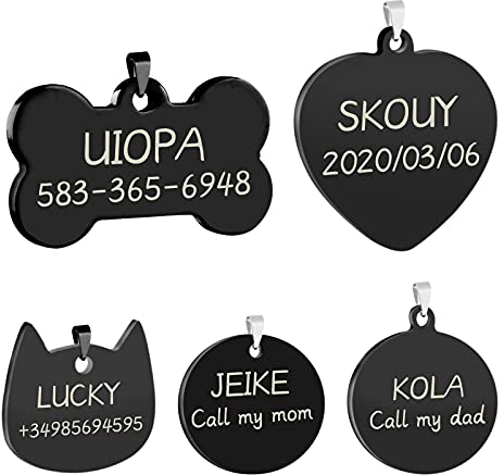 Uiopa 2 Stück Hundemarke mit Gravur, Edelstahl Hundemarke Personalisiert Adressanhänger Hund/Katze Namensschild, Runde Knochen Herz Katze Anhänger für Hunde Katzen Haustier (Schwarz Knochen, Klein)
