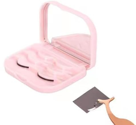 3 Tier Eyelash Storage Case Lash Dime Organizer Holder Box with Mirror Makeup Cosmetic Travel Case Empty False Lash Container (Pink)