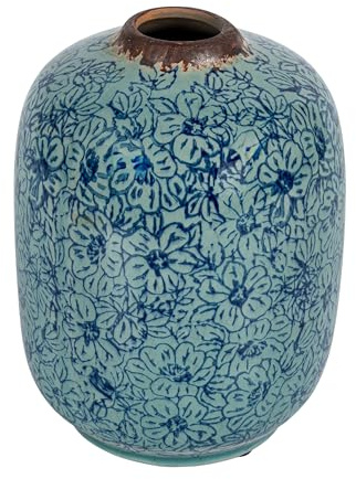 Creative Co-Op Terra-Cotta-Vase mit Blumenmuster, Blau im Used-Look