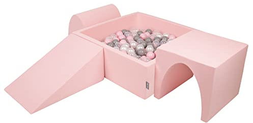 KiddyMoon Spielplatz Aus Schaumstoff Mit Quadrat Bällebad (200 Bälle) Ballgruben Für Babys Spielbad Hindernisläufen, Hergestellt In Der EU, Pink:Perle/Grau/Transparent/Puderrosa