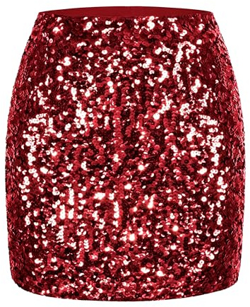 MANER Paljettkjol för kvinnor, gnistrande, stretchiga, figurnära minikjolar, för utekväll och fest, Vinröd, L