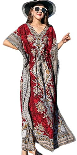 OKSakady Femmes Kaftan Long Manches 3/4 été Maxi Dress Batwing Flower Tunique