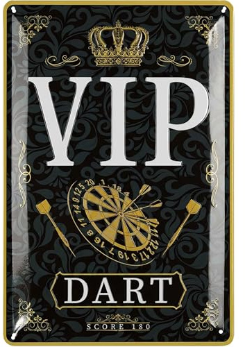 LANOLU Retro Blechschild Dart - Bar, Kneipen und Partykeller Dekoration - Irish Pub Deko Geschenk für Männer - Darts Metallschild VIP DART LOUNGE mit echtem Goldeffekt und Stanzung 20x30 cm