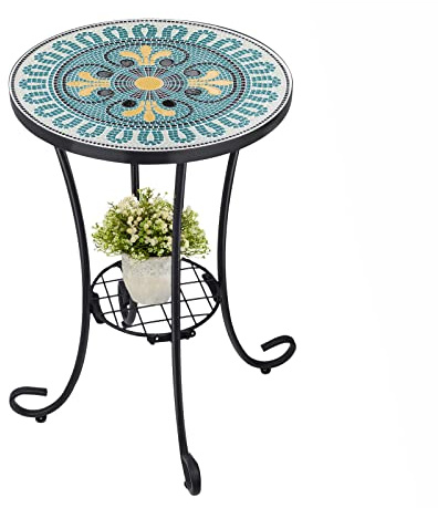 Tavolino da esterno a mosaico con estremità rotonda e accento per tavolo da tavolo, ideale per veranda, veranda, terrazza o lato divano