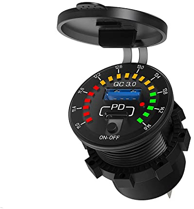USB Auto Steckdose KFZ Schnellladung Ladegerät QC3.0+ PD +Voltmeter mit Schalter für 12V/24V Fahrzeuge KFZ Boot Motorrad SUV Bus LKW Wohnwagen Marine