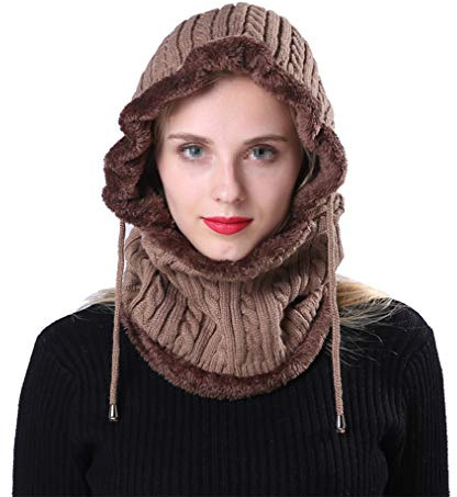 QUUPY Pasamontañas de esquí para mujer, gorro de invierno con capucha de forro polar térmico, calentador de cuello de punto, resistente al viento, cubierta facial, caqui, 55 cm/65 cm