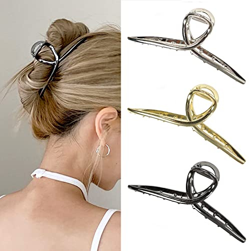 Große Metallhaarklemmen große Schmetterling Haarclips für Frauen 5,3 große Metallclips größere Haarclips Haarzubehör für lange Dicke Haare 3 Stück (Silber, Gold, Schwarz)