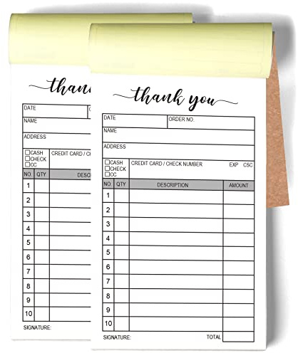Thank You Receipt Book, 2 Packs 50-set Carbon Duplicate Copy Sales Receipt Form, Invoice Booklet for Stores, warehouses, offices, and restaurants, 3.4x5.5 Handheld, 2-Part Carbonless-White/Yellow.